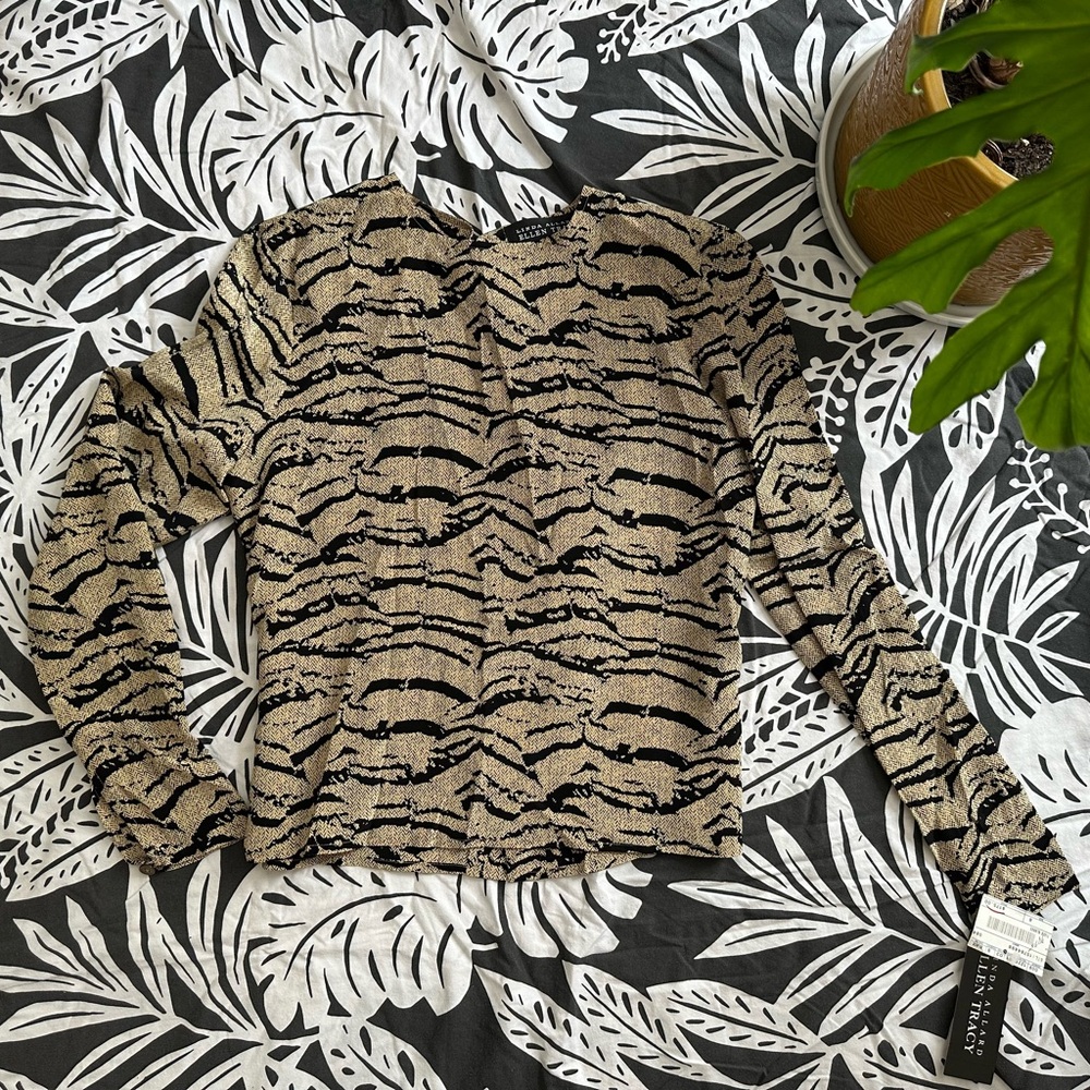 Ellen Tracy Beige and Black Animal Print 100% Silk Blouse